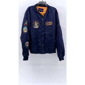 NEO-WOWS Men's Navy Vintage Patchwork Zip-Up Bomber Jacket SZ L
